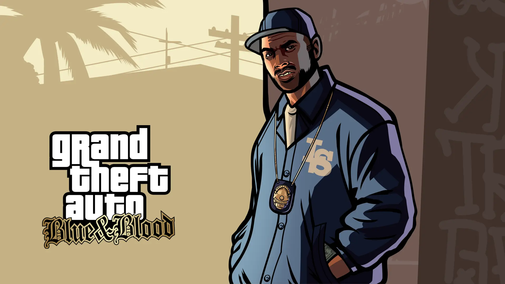 Austin Vaughn, a character from Grand Theft Auto: Blue & Blood with the logo stamped on it.